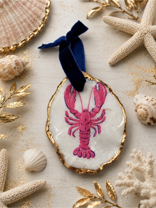 Other - Coastal Lobster Oyster Shell Ornament - Navy Ribbon, Unbranded